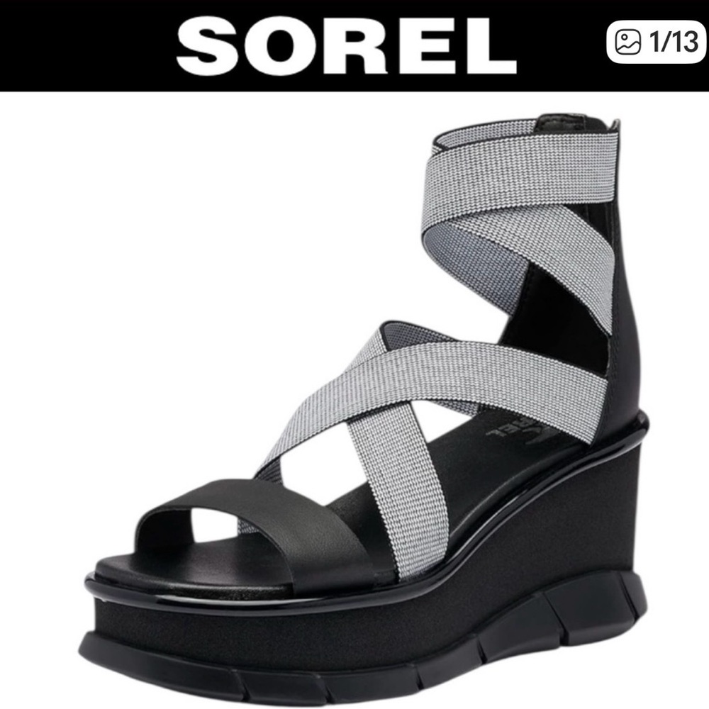 SOREL WOMENS JOANIE III BLACK AND WHITE SPORT STRAP WEDGE SANDALS